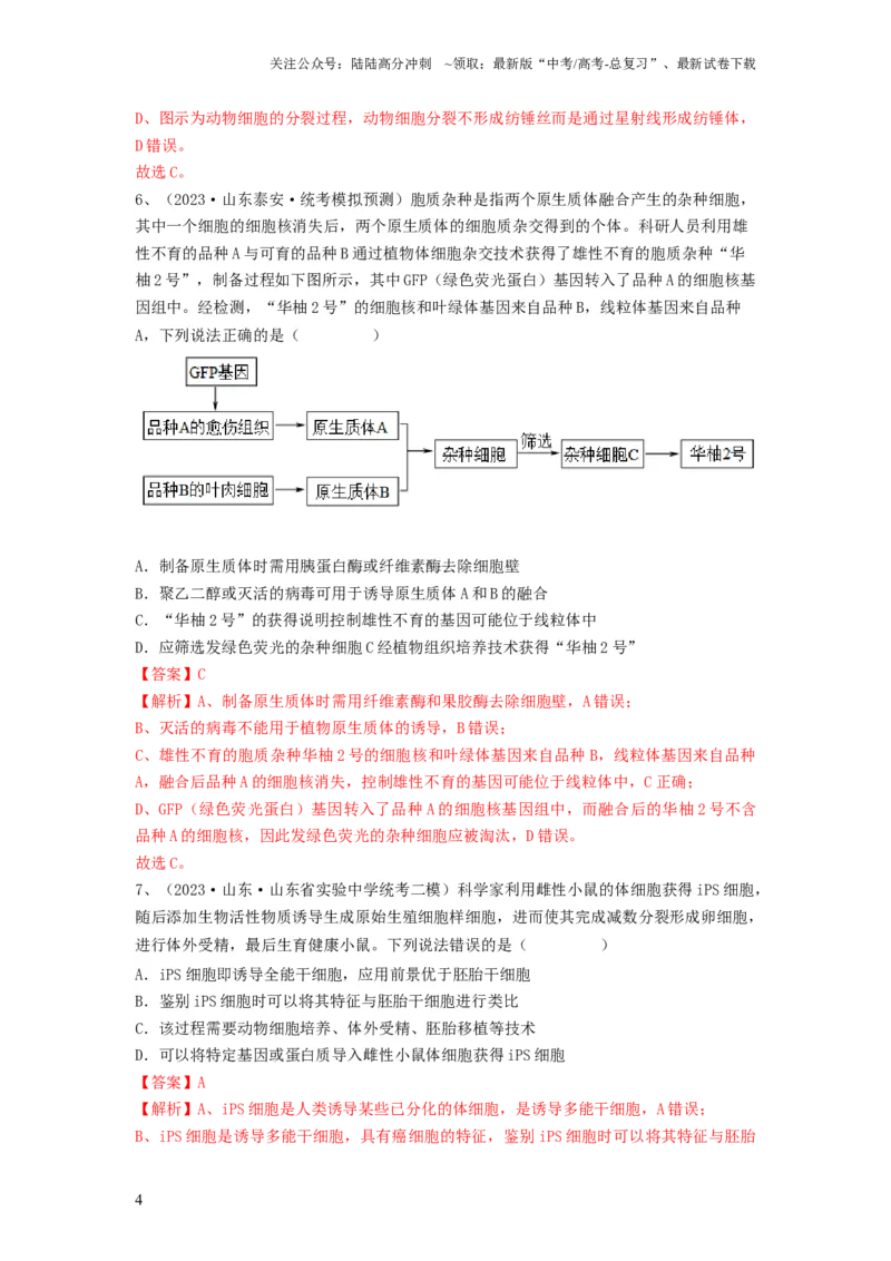 《专题33细胞工程和胚胎工程（精练）（解析版）_06-生物-高考总复习_一轮复习_2024年_2024年高考生物一轮复习串讲精练知识点梳理练习题_精练》第4页预览