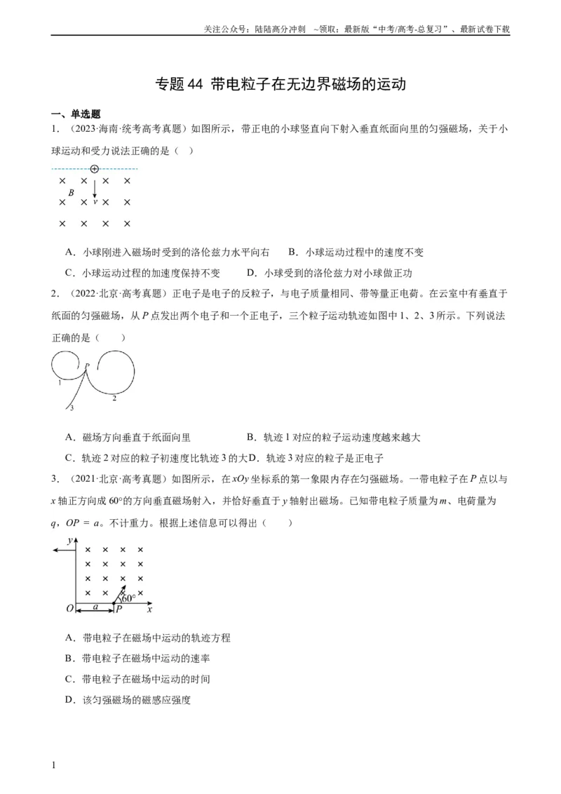 《专题44带电粒子在无边界磁场运动（学生版）（全国通用）_04-物理-高考总复习_专项复习_2024年_十年（2014-2023）高考物理真题分项汇编（全国通用）》第1页预览