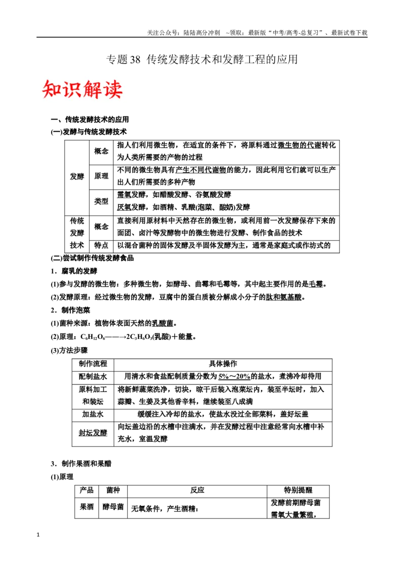 《专题38传统发酵技术和发酵工程的应用（解析版）_06-生物-高考总复习_一轮复习_2024年_2024年高考生物一轮复习重难点专项突破_资料》第1页预览