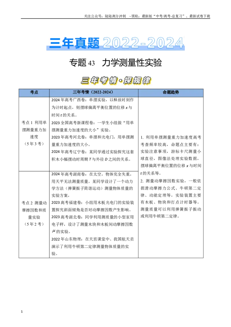 《专题43力学测量性实验（全国通用）（原卷版）_04-物理-高考总复习_专项复习_2025年_五年（2020-2024）高考物理真题分类汇编（全国通用）》第1页预览