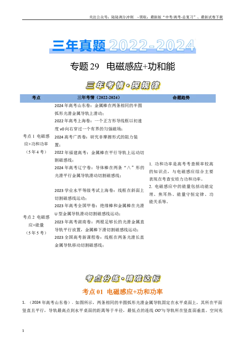 《专题29电磁感应+功和能（全国通用）（原卷版）_04-物理-高考总复习_专项复习_2025年_五年（2020-2024）高考物理真题分类汇编（全国通用）》第1页预览