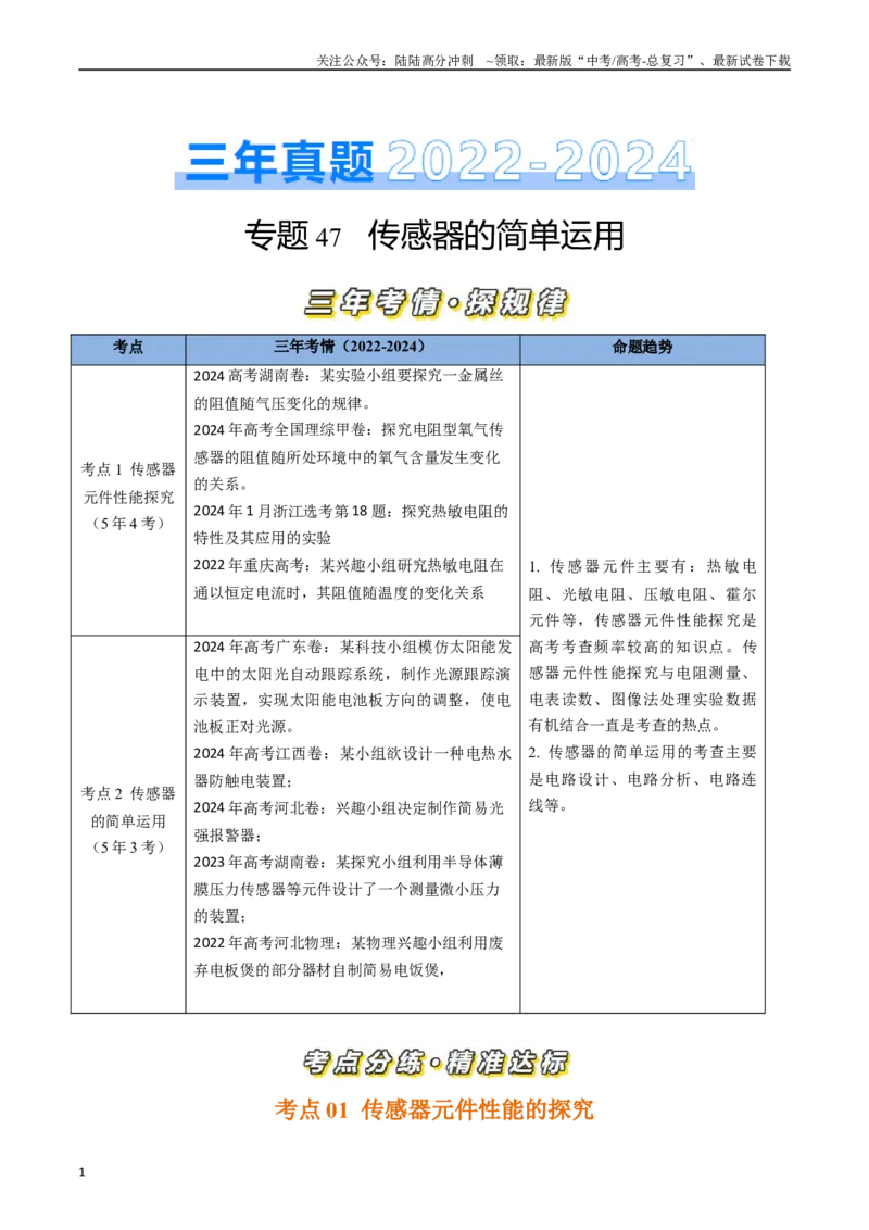 《专题47传感器的简单运用实验（全国通用）（原卷版）_04-物理-高考总复习_专项复习_2025年_五年（2020-2024）高考物理真题分类汇编（全国通用）》第1页预览
