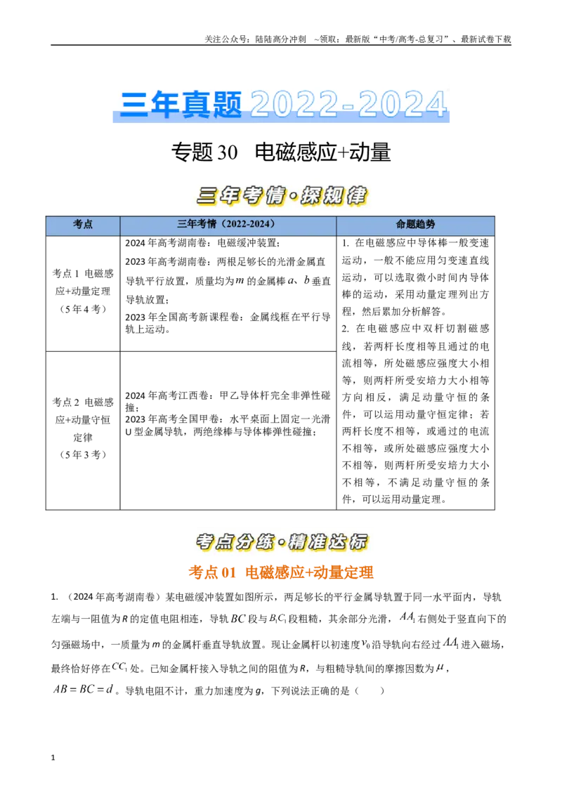 《专题30电磁感应+动量（全国通用）（原卷版）_04-物理-高考总复习_专项复习_2025年_五年（2020-2024）高考物理真题分类汇编（全国通用）》第1页预览