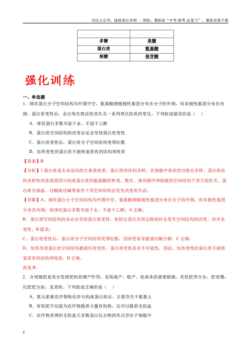 《专题4蛋白质和核酸（解析版)_06-生物-高考总复习_一轮复习_2024年_2024年高考生物一轮复习重难点专项突破_资料》第3页预览