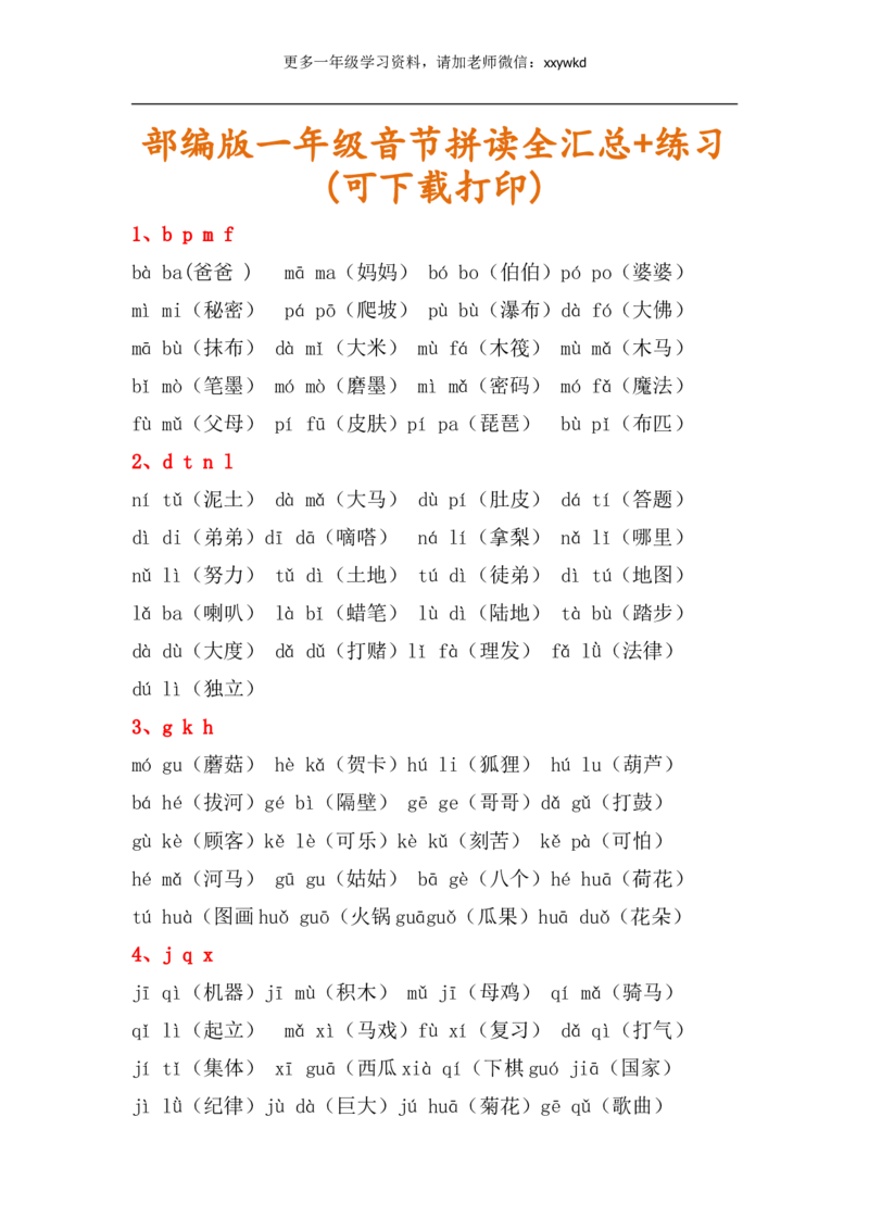 《一年级音节拼读组词全汇总+练习_小学1-6年级全科全套_1-6年级全科上册_一年级_语文_语文一上拼音专项练习》第1页预览