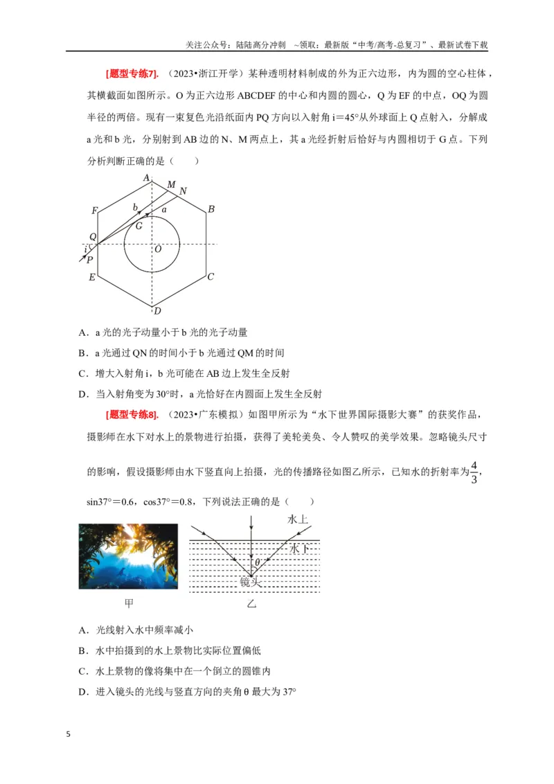 《专题33光的折射与全反射（原卷版）_04-物理-高考总复习_专项复习_2024年_2024高考物理热点知识清单题型讲练高考复习全国通用_资料》第5页预览