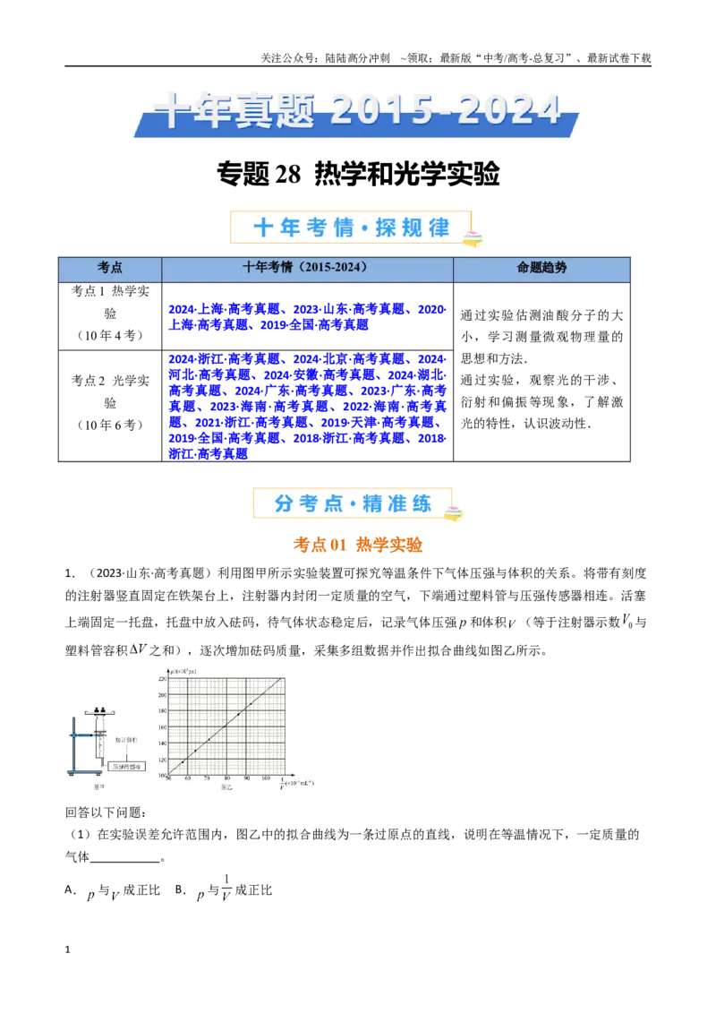 《专题28热学和光学实验-（全国通用）（解析版）_04-物理-高考总复习_专项复习_2025年_十年（2015-2024）高考物理真题分类汇编（全国通用）》第1页预览