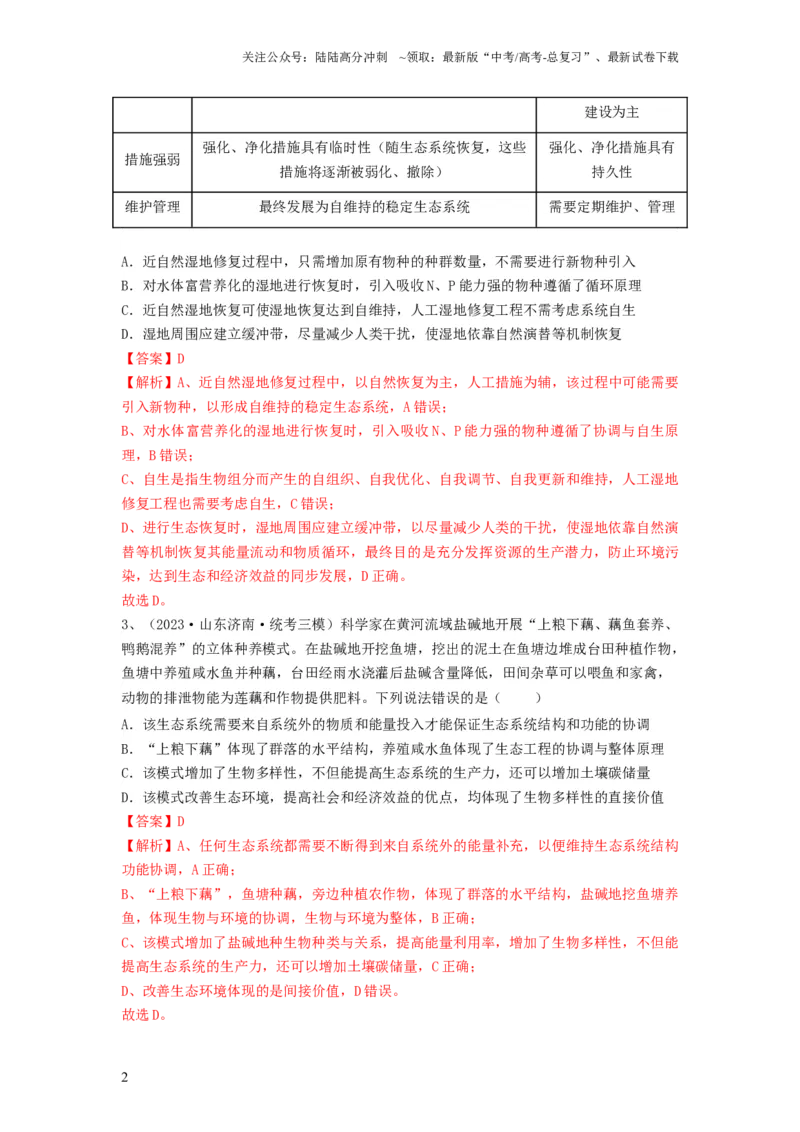 《专题34生态工程（精练）（解析版）_06-生物-高考总复习_一轮复习_2024年_2024年高考生物一轮复习串讲精练知识点梳理练习题_精练》第2页预览
