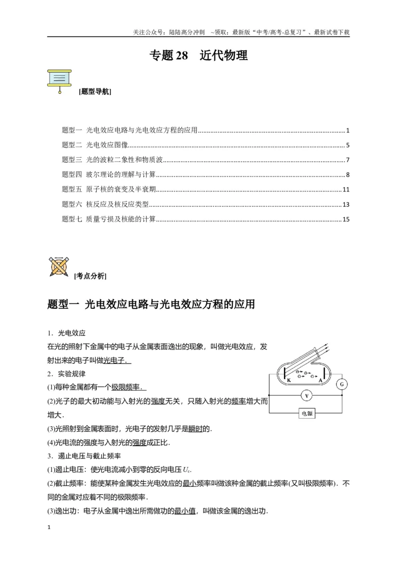 《专题28近代物理（原卷版）_04-物理-高考总复习_专项复习_2024年_2024高考物理三轮冲刺复习热点知识讲练题型归纳练_资料》第1页预览