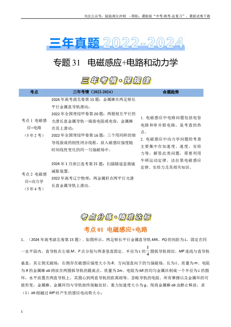 《专题31电磁感应+电路和动力学（全国通用）（原卷版）_04-物理-高考总复习_专项复习_2025年_五年（2020-2024）高考物理真题分类汇编（全国通用）》第1页预览