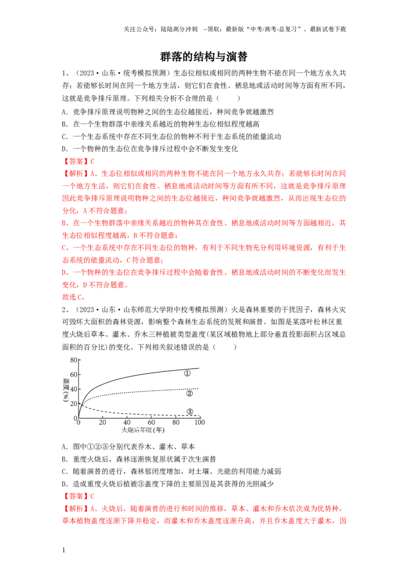 《专题29群落的结构与演替（精练）（解析版）_06-生物-高考总复习_一轮复习_2024年_2024年高考生物一轮复习串讲精练知识点梳理练习题_精练》第1页预览