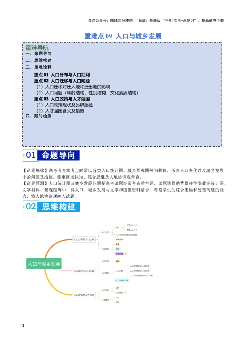 《重难点09人口与城乡发展-（新高考专用）（教师版）_07-地理-高考总复习_专项复习_2024年_2024年高考地理热点·重点·难点专练（新高考专用）》第1页预览