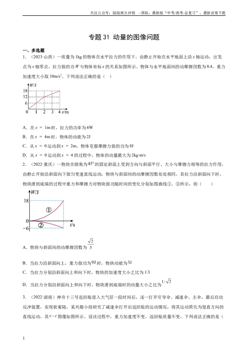《专题31动量的图像问题（学生版）（全国通用）_04-物理-高考总复习_专项复习_2024年_十年（2014-2023）高考物理真题分项汇编（全国通用）》第1页预览