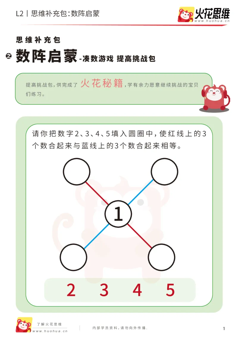 《第14专题_凑数游戏_数阵启蒙_提高挑战包_202002061059441_（G1450)火花思维幼小衔接及L1-L5_L2完结_L2完结AI41-88_补充资料练习册_14.凑数游戏》第1页预览