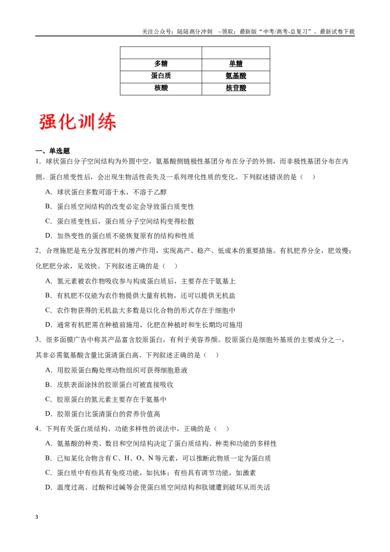 《专题4蛋白质和核酸（原卷版)_06-生物-高考总复习_一轮复习_2024年_2024年高考生物一轮复习重难点专项突破_资料》第3页预览