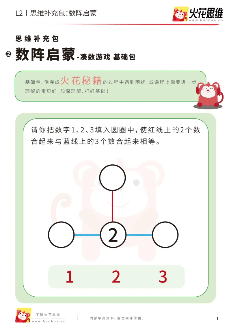 《第14专题_凑数游戏_数阵启蒙_基础巩固包_202002061059391_（G1450)火花思维幼小衔接及L1-L5_L2完结_L2完结AI41-88_补充资料练习册_14.凑数游戏》第1页预览