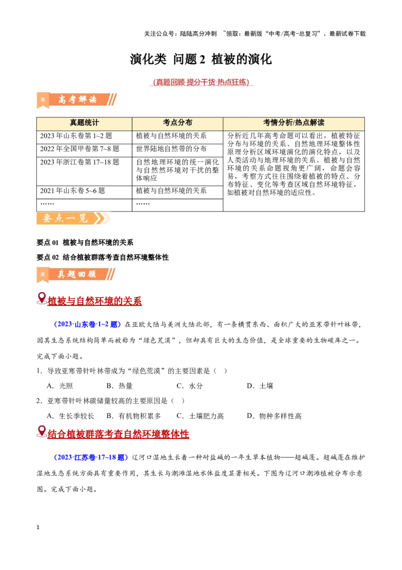 《问题2植被的演化（热点题型狂练）（原卷版）_07-地理-高考总复习_专项复习_2024年_2024年高考地理复习热点题型直击_资料_1-资料》第1页预览