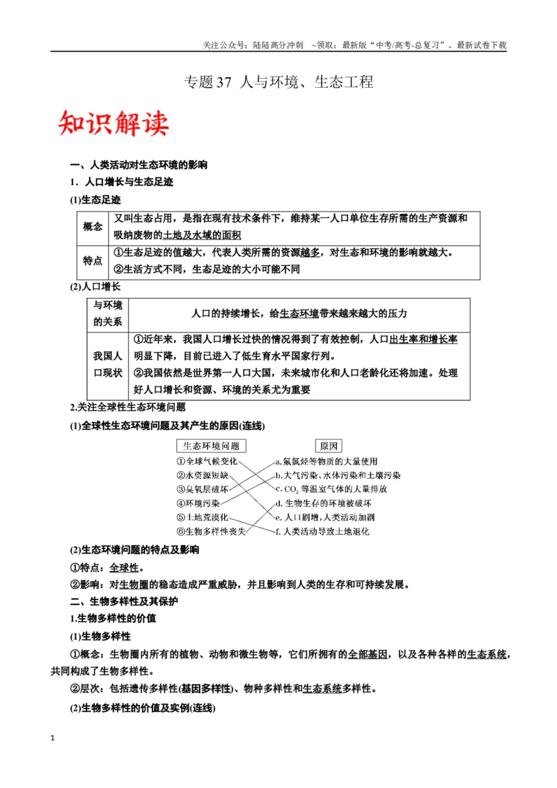 《专题37人与环境、生态工程（解析版）_06-生物-高考总复习_一轮复习_2024年_2024年高考生物一轮复习重难点专项突破_资料》第1页预览