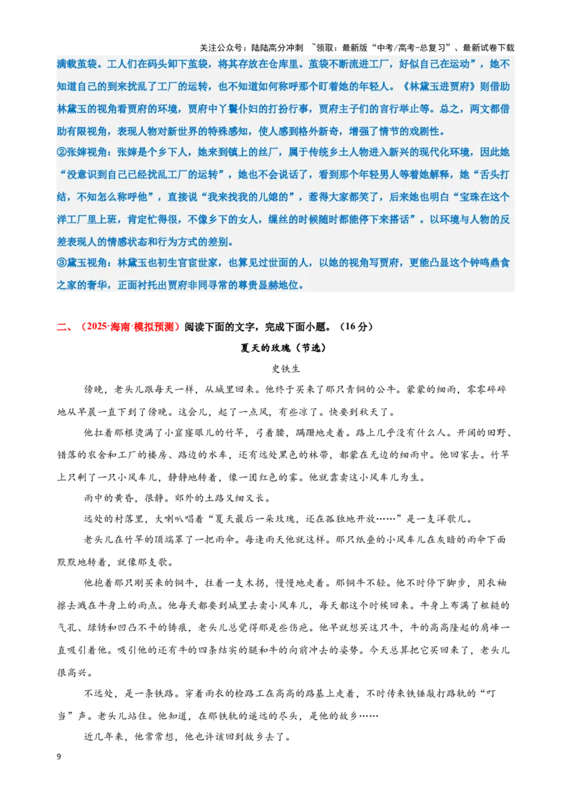 《专题二小说阅读（测试）（教师版）_二轮复习_2025年_2025年高考语文二轮复习课件+讲义+练习（新高考通用）》第9页预览