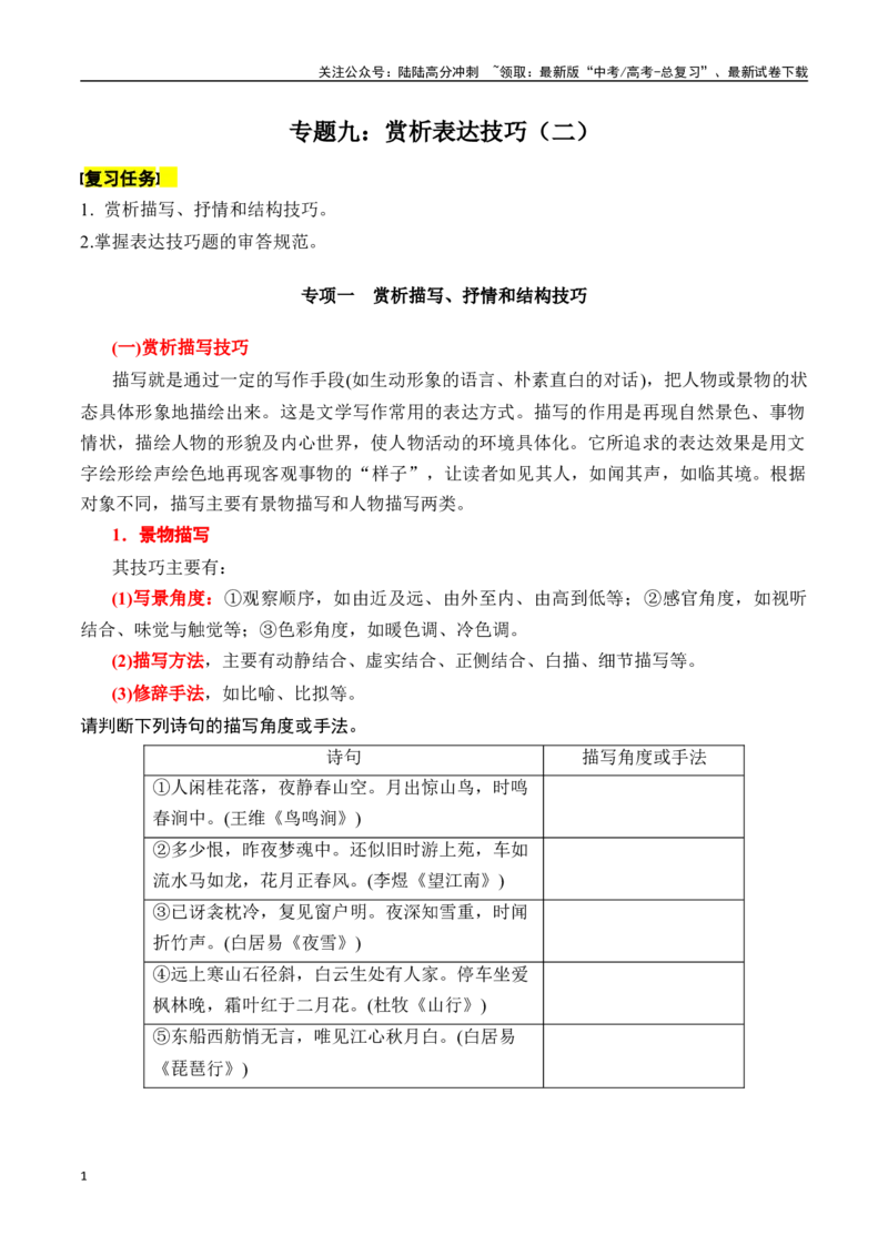 《专题九：赏析表达技巧（二）-原卷版_一轮复习_2024年_2024年高考语文一轮复习一本通（全国通用_资料_诗歌阅读》第1页预览