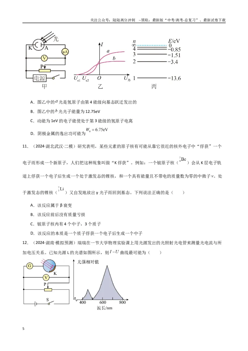 《专题突破卷19近代物理专题（光电效应的规律以及方程的应用、氢原子能级跃迁、核反应方程与核能的计算）（学生版）_04-物理-高考总复习_一轮复习_2025年》第5页预览