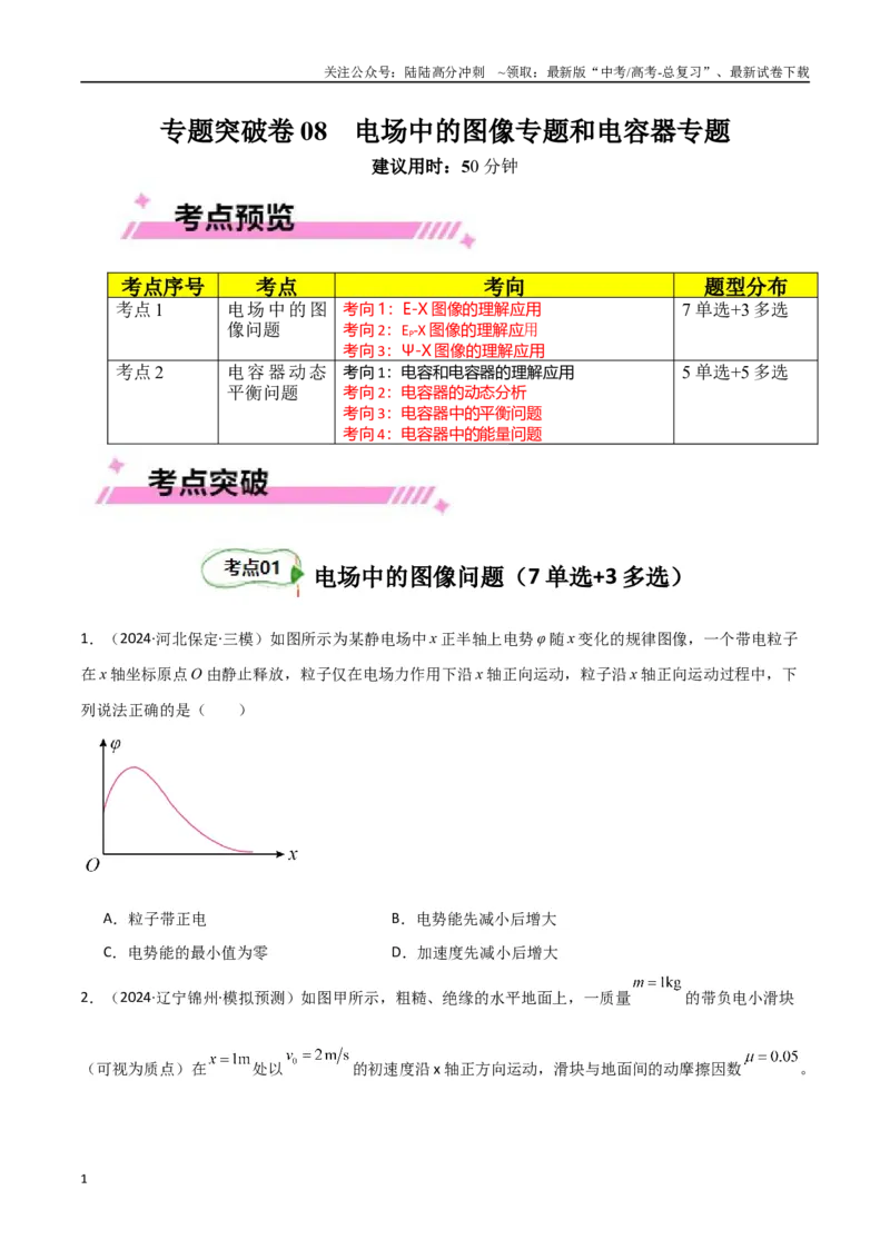 《专题突破卷08电场中的图像专题和电容器专题（学生版）_04-物理-高考总复习_一轮复习_2025年_2025年高考物理一轮复习考点复习卷（新高考通用）》第1页预览