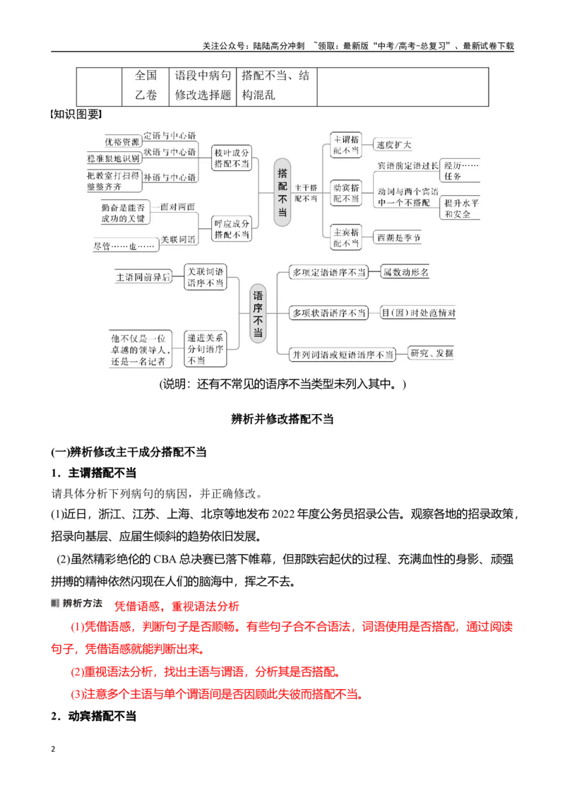 《专题三：语病——辨析并修改搭配不当和语序不当-原卷版_一轮复习_2024年_2024年高考语文一轮复习一本通（全国通用_资料_语言运用》第2页预览