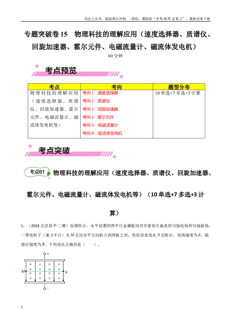 《专题突破卷15物理科技的理解应用（速度选择器、质谱仪、回旋加速器、霍尔元件、电磁流量计、磁流体发电机等）（教师版）_04-物理-高考总复习_一轮复习_2025年》第1页预览