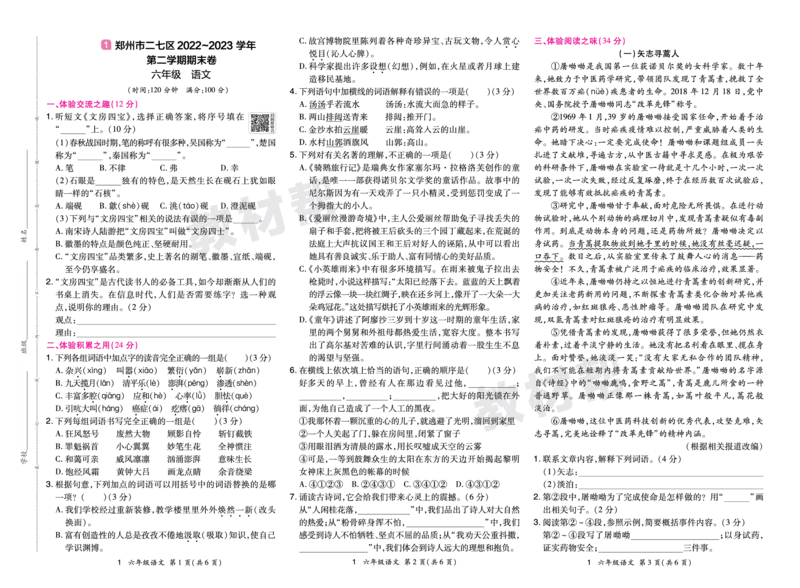 《24版语文RJ六下期末真题卷-河南_小学语文精品试卷合集（1-6年级下册）_《期末真题卷》》第1页预览