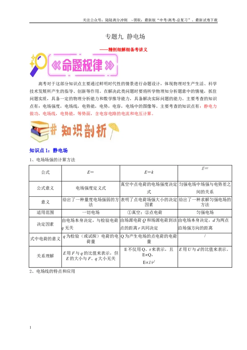 《专题九静电场（解析版）_04-物理-高考总复习_二轮复习_2024年_2024年高考物理二轮复习讲义_资料_1-资料》第1页预览