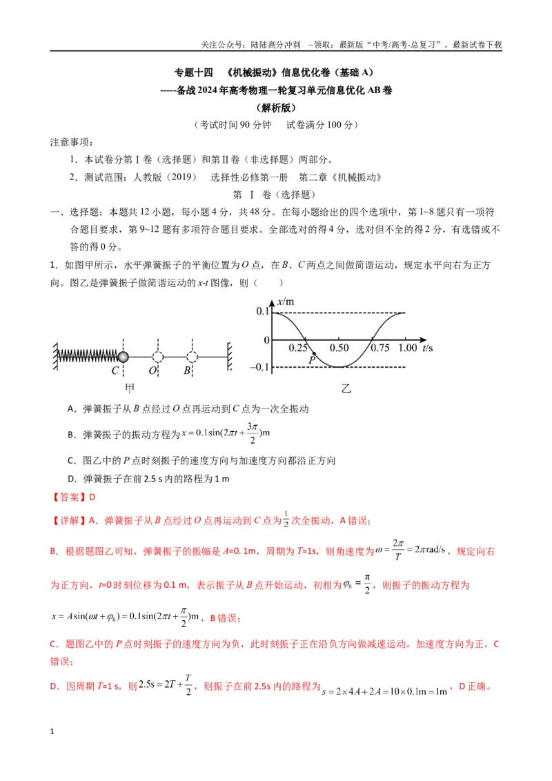 《专题十四《机械振动》信息优化卷（基础A）（解析版）_04-物理-高考总复习_一轮复习_2024年_2024年高考物理一轮复习单元信息优化AB卷_资料》第1页预览
