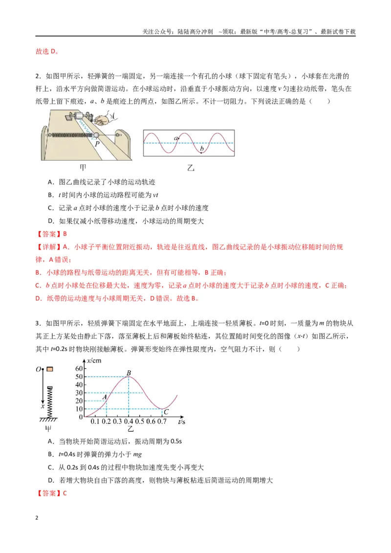 《专题十四《机械振动》信息优化卷（基础A）（解析版）_04-物理-高考总复习_一轮复习_2024年_2024年高考物理一轮复习单元信息优化AB卷_资料》第2页预览