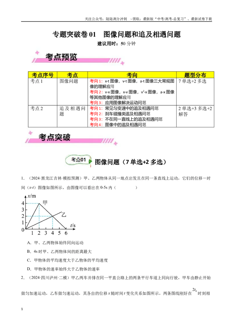 《专题突破卷01图像问题和追及相遇问题专题（学生版）_04-物理-高考总复习_一轮复习_2025年_2025年高考物理一轮复习考点复习卷（新高考通用）》第1页预览