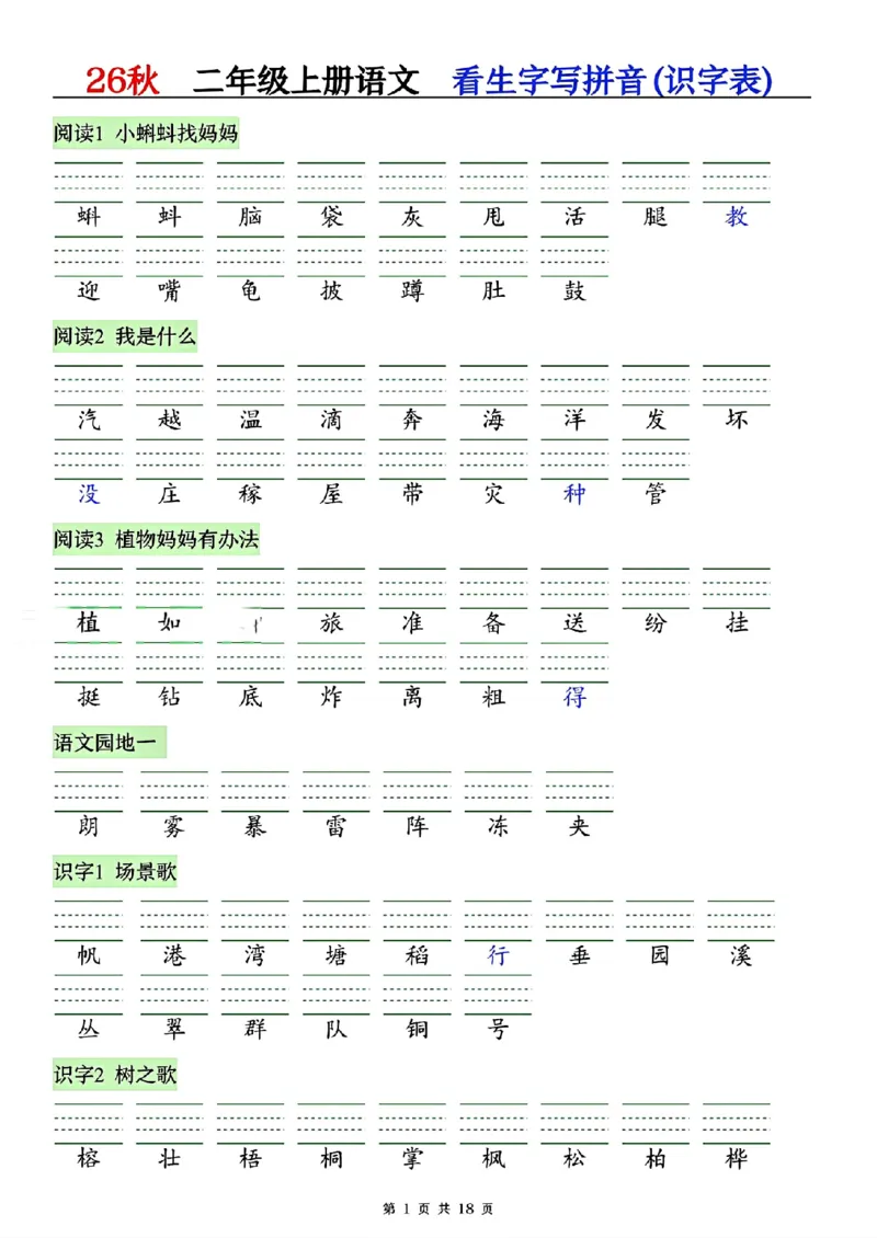 《26秋二年级上册语文看生字写拼音(识字表)_2027版小学《识字表注音专项》1-6年级上册（语文）》第1页预览
