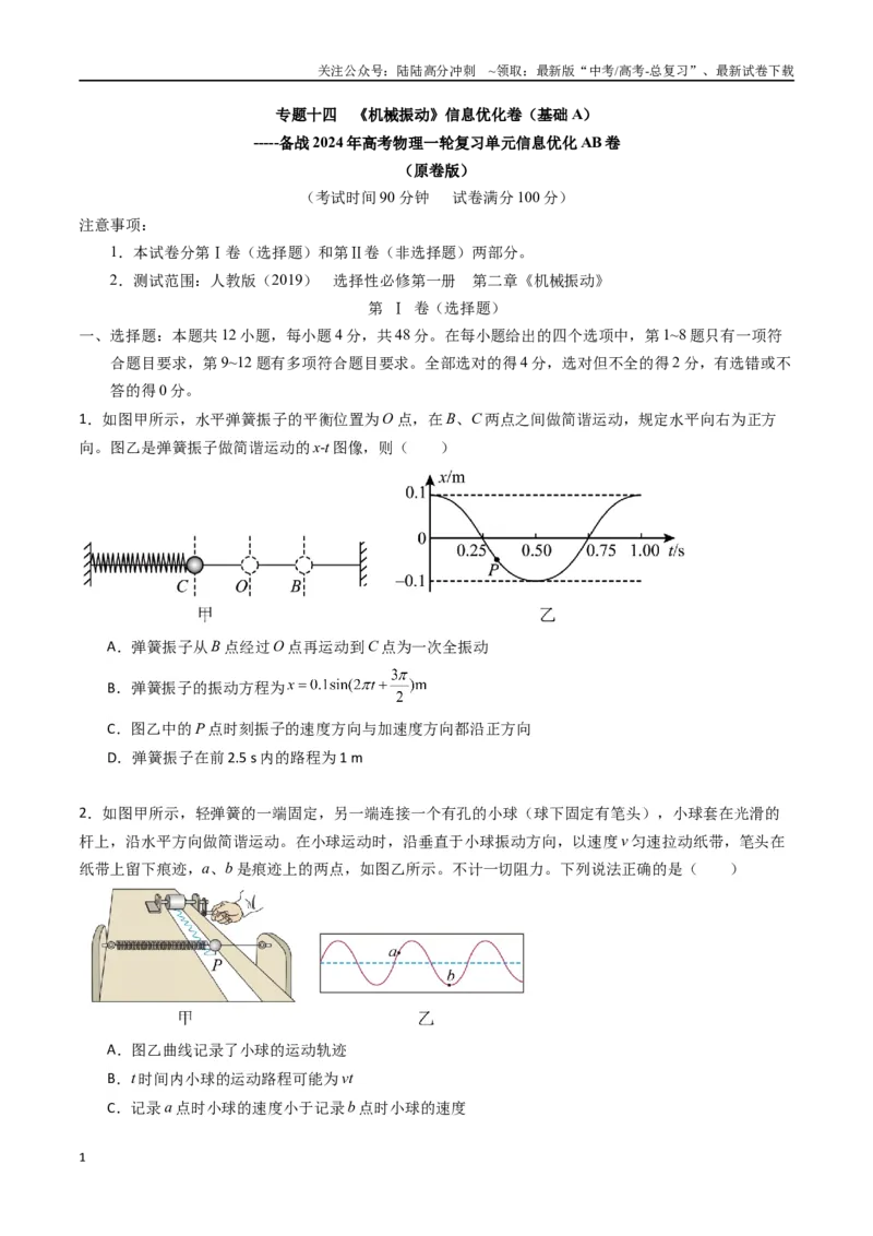 《专题十四《机械振动》信息优化卷（基础A）（原卷版）_04-物理-高考总复习_一轮复习_2024年_2024年高考物理一轮复习单元信息优化AB卷_资料》第1页预览