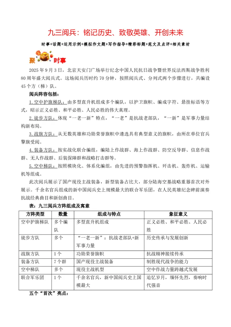 《九三阅兵：铭记历史、致敬英雄、开创未来-（全国通用）_专项复习_2026年-语文专项复习_262026年高考语文写作之素材聚宝盆（全国通用）》第1页预览