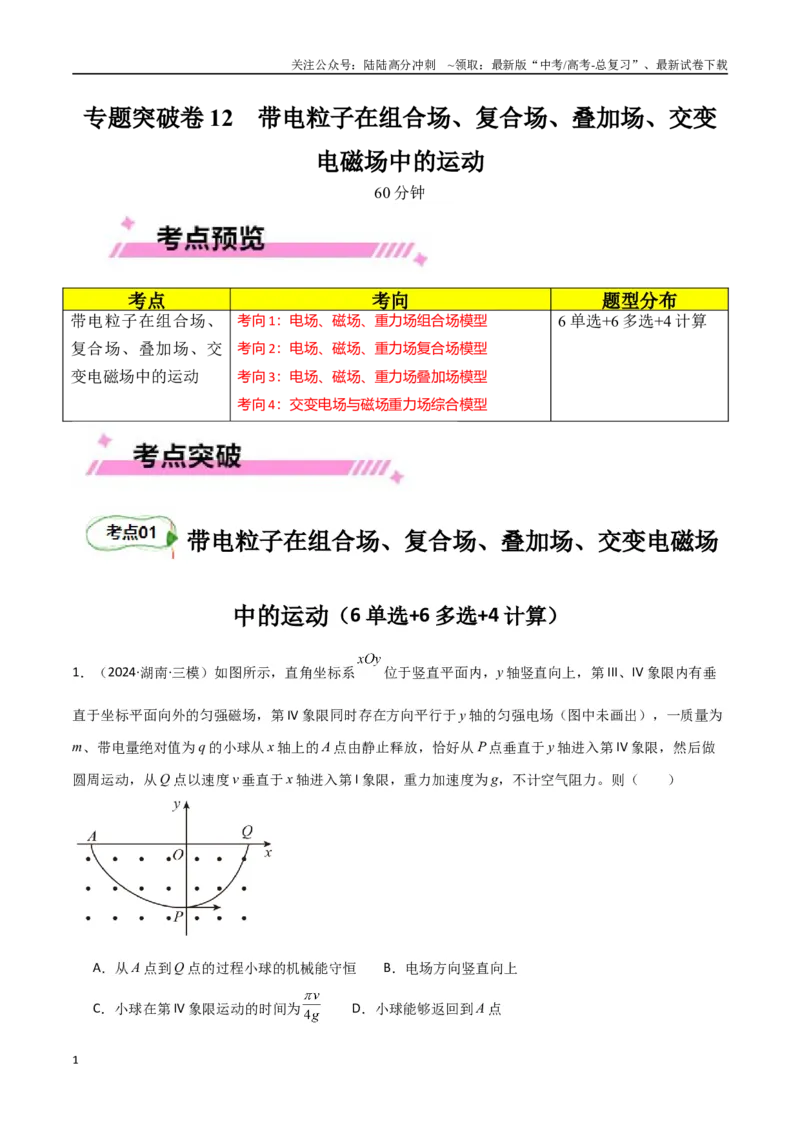 《专题突破卷12带电粒子在组合场、复合场、叠加场、交变电磁场中的运动（学生版）_04-物理-高考总复习_一轮复习_2025年_2025年高考物理一轮复习考点复习卷（新高考通用）》第1页预览