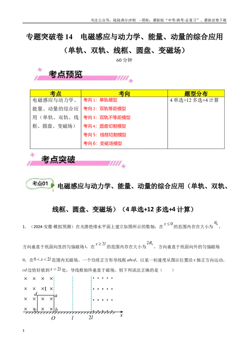 《专题突破卷14电磁感应与动力学、能量、动量的综合应用（单轨、双轨、线框、圆盘、变磁场）（学生版）_04-物理-高考总复习_一轮复习_2025年》第1页预览
