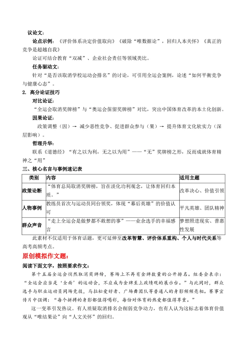 《为什么十五运会不见奖牌榜？“每个拼搏的身影都值得喝彩，每份对体育的热爱都值得尊重”主题作文导写_专项复习_2026年-语文专项复习_162026年高考语文作文热点新闻素材速记快用》第3页预览