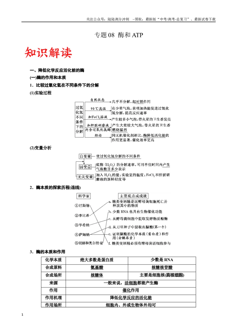 《专题8酶和ATP（解析版)_06-生物-高考总复习_一轮复习_2024年_2024年高考生物一轮复习重难点专项突破_资料》第1页预览