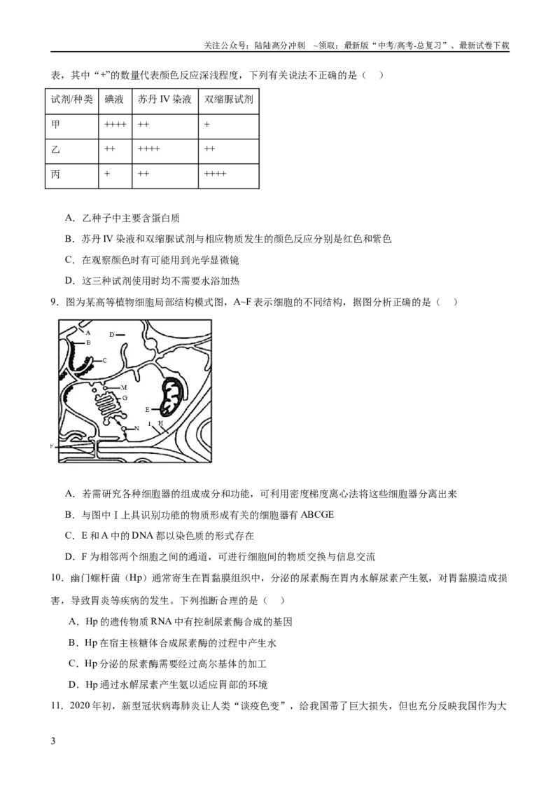 《专题一细胞的物质基础和结构基础（测试）（原卷版）_06-生物-高考总复习_二轮复习_2024年_2024年高考生物二轮复习讲练测（新教材新高考）_配套练习》第3页预览