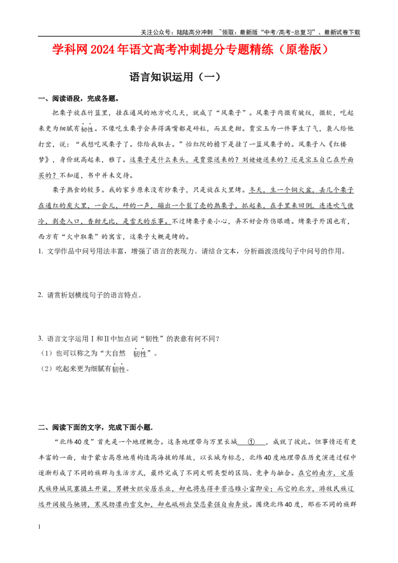 《专题：语言知识运用（一）（原卷版）_专项复习_2024年_2024新高考语文专题古诗词阅读名句名篇文言文作文_资料》第1页预览