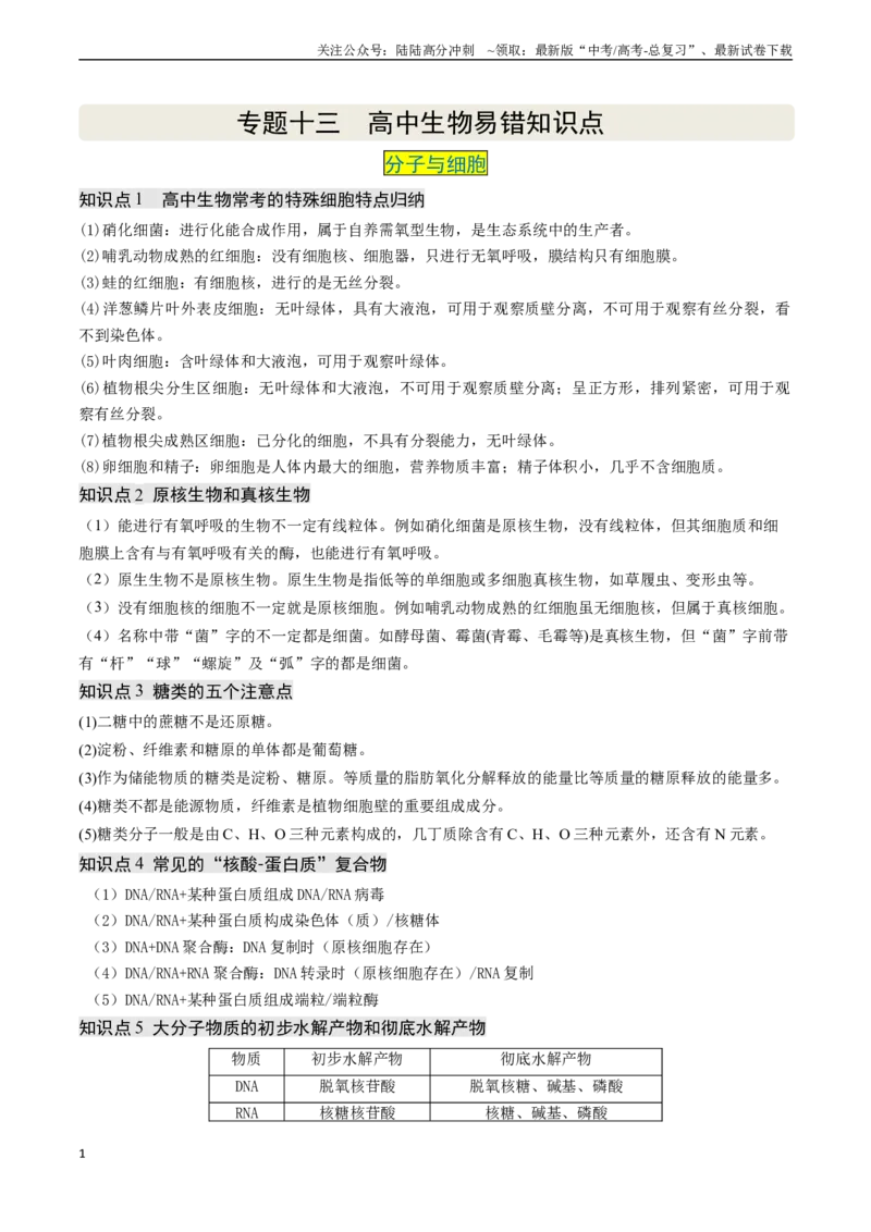 《专题十三高中生物易错知识点-（新高考通用）_06-生物-高考总复习_专项复习_2025年_2025年高考生物真题题源解密（新高考通用）》第1页预览