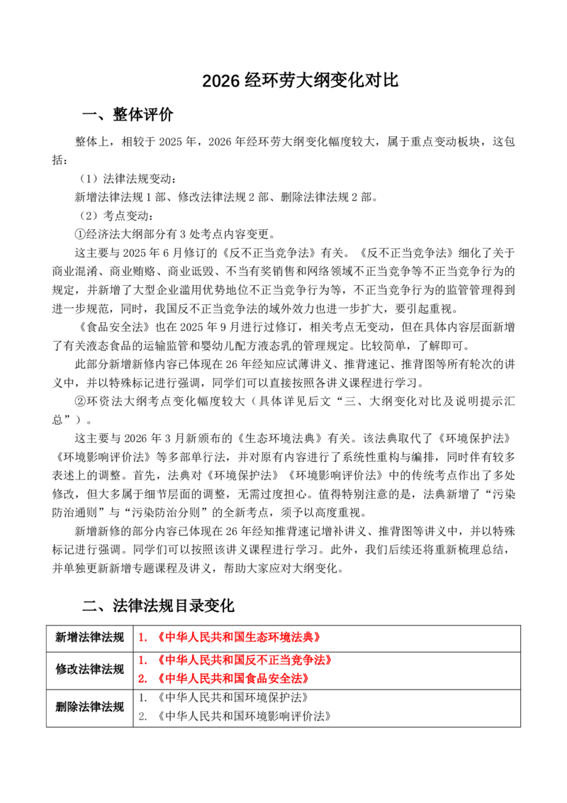 《2026年经知环劳大纲变化对比详细版(OCR)_2026法考客观_其他_002026法考大纲变动》第1页预览