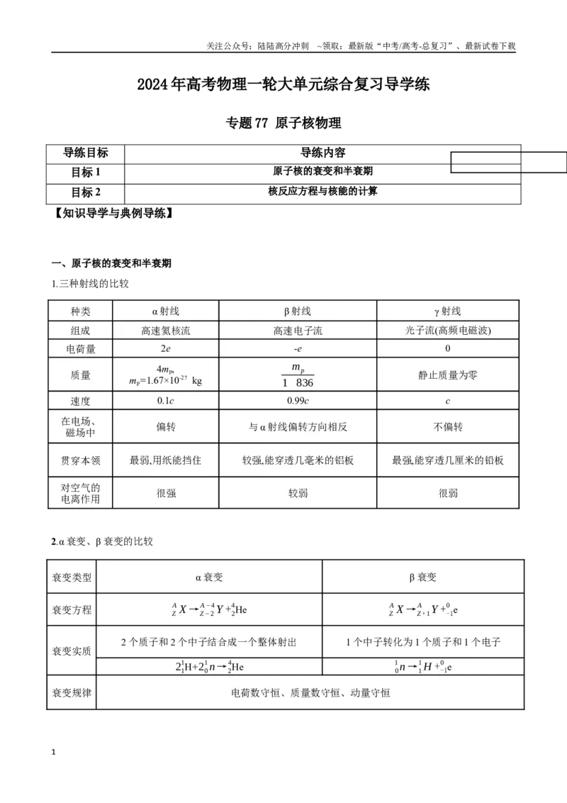 《专题77原子核物理（解析版）_04-物理-高考总复习_一轮复习_2024年_2024年高考物理一轮大单元综合复习导学练讲义练习_第十五部分：原子物理学(2)份》第1页预览