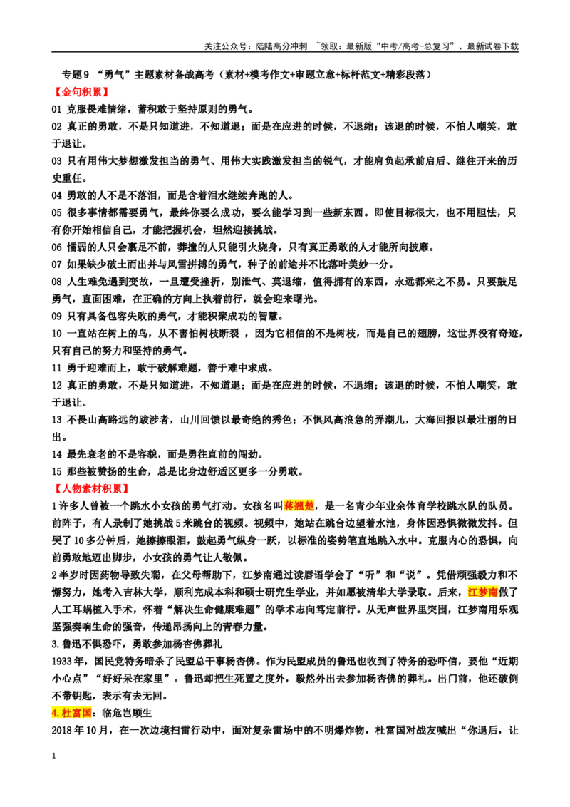 《专题9“勇气”主题素材（模考作文+审题立意+标杆范文+精彩段落）_专项复习_2024年_2024年高考作文复习之时事热点素材解析积累运用_资料》第1页预览