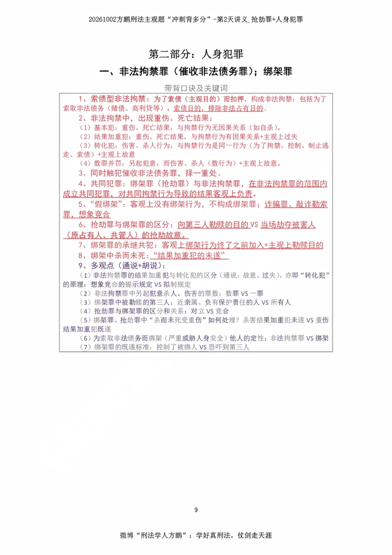 《20261002方鹏刑法主观题“冲刺背多分”-第2天讲义_抢劫罪+人身犯罪_2026法考主观_名师私塾_方鹏_08主观背多分_讲义》第9页预览