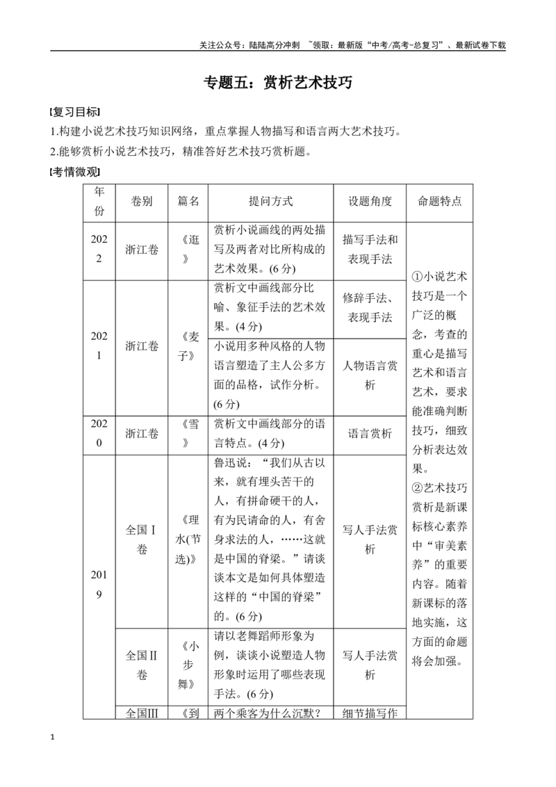 《专题五：赏析艺术技巧-原卷版_一轮复习_2024年_2024年高考语文一轮复习一本通（全国通用_资料_小说阅读》第1页预览
