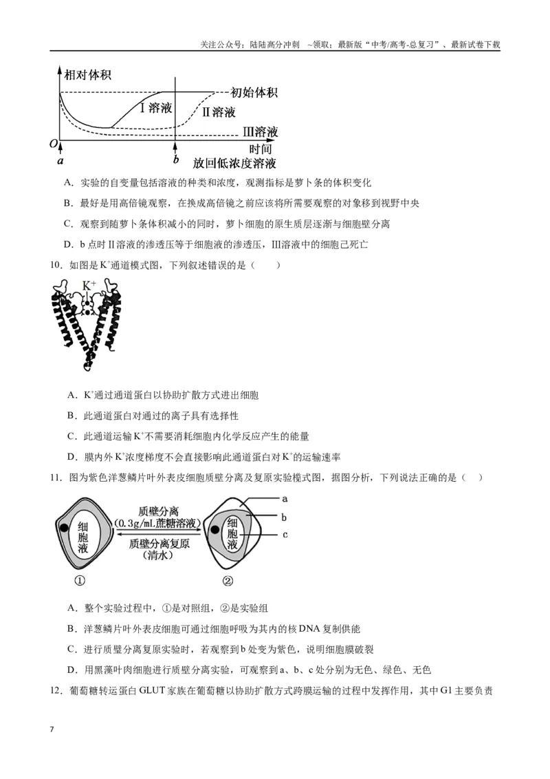 《专题7物质运输（原卷版)_06-生物-高考总复习_一轮复习_2024年_2024年高考生物一轮复习重难点专项突破_资料》第7页预览