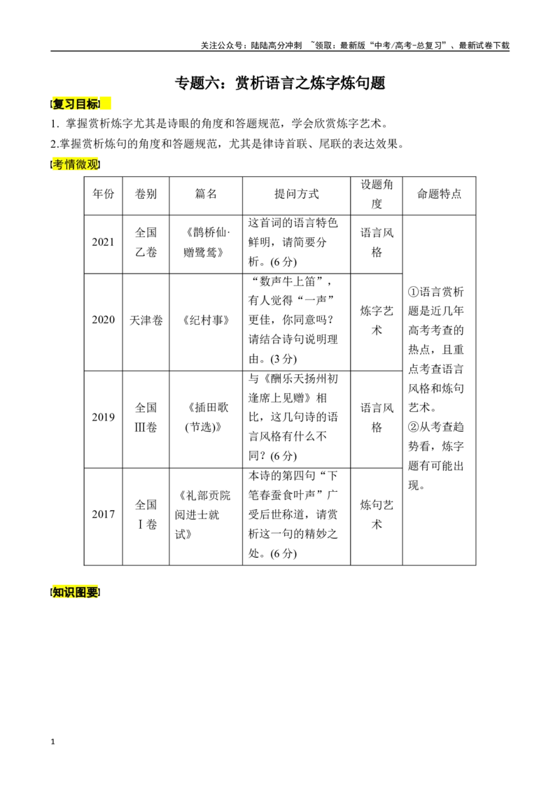 《专题六：赏析语言之炼字炼句题-原卷版_一轮复习_2024年_2024年高考语文一轮复习一本通（全国通用_资料_诗歌阅读》第1页预览